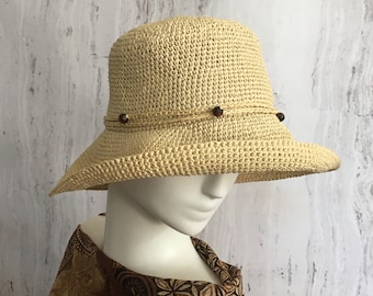 Cappello da sole in rafia lavorato all'uncinetto a mano: cappello di paglia a tesa larga