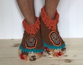 Sugar Skull Slippers - Cozy Day of the Dead Slipper Socks - Cute Día de los Muertos Booties - Care Package - CRPS - Foot Pain Relief