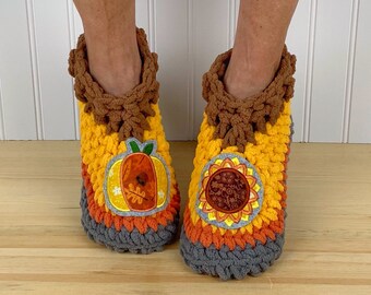 Fun PUMPKIN & SUNFLOWER Slippers - Cozy Chenille Slipper Socks - Hygge House Slippers - Get Well Care Package - Neuropathy/CRPS/Foot Pain