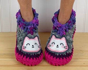 Cute COZY CAT Slippers - Comfy Chenille Slipper Socks - Hygge House Slippers - Get Well Care Package - Neuropathy - CRPS - Foot Pain Relief