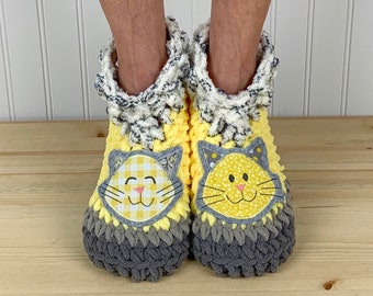 YELLOW CAT Slippers - Cozy Chenille Slipper Socks - Cat Mom Gift - Sunny Cat Booties - Get Well Care Package - Neuropathy - CRPS - Foot Pain