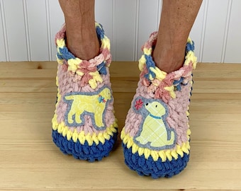 Yellow LAB DOG Slippers - Cozy Chenille Slipper Socks - Dog Mom Gift - Puppy Booties - Get Well Care Package - Neuropathy - CRPS - Foot Pain