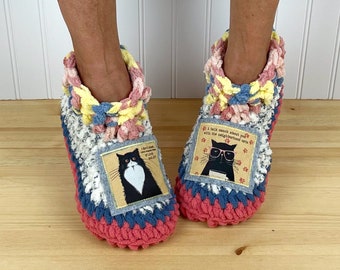 SNARKY CAT Slippers - Cozy Chenille Slipper Socks - Funny Cat Booties - Cat Mom Gift - Get Well Care Package - Neuropathy - CRPS - Foot Pain