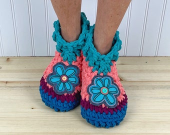 Beautiful BLUE FLOWER Slippers -  Cozy Chenille Slipper Socks - Coral & Teal Booties - Get Well Care Package - Neuropathy - Foot Pain - CRPS