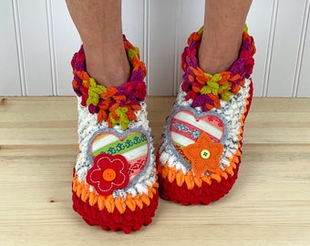 Fall FELT FLOWERS Slippers - Fuzzy Flower Heart Booties - Comfy Chenille Slipper Socks - Get Well Care Package - Neuropathy/CRPS/Foot Pain
