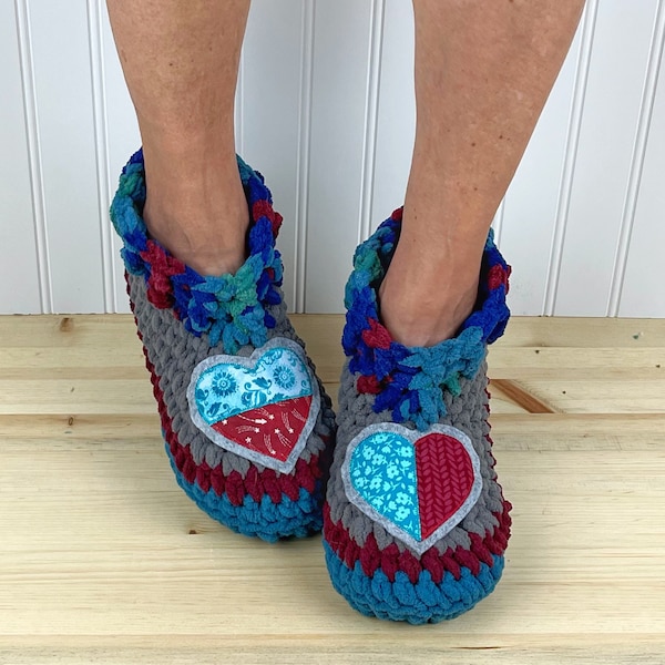 Pretty PATCHWORK HEARTS Slippers - Comfy Chenille Slipper Socks - Red & Blue Booties - Get Well Care Package - Neuropathy/CRPS/Foot Pain