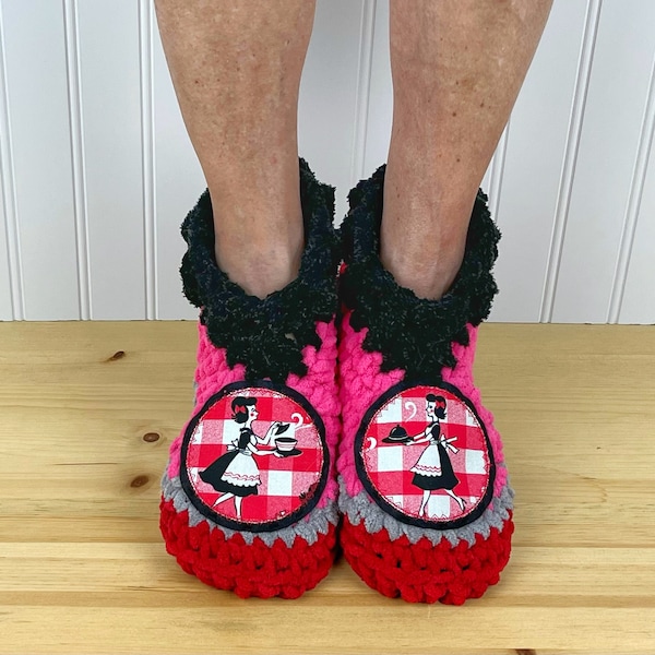 Pink & Red VINTAGE HOUSEWIFE Slippers - Fuzzy Slippers - Comfy Chenille Slipper Socks - Get Well Care Package - Neuropathy/CRPS/Foot Pain