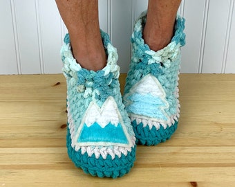 Aqua Snowcapped MOUNTAIN & TREE Slippers -  Cozy Chenille Slipper Socks - Snuggly Minky - Get Well Care Package - Neuropathy/Foot Pain/CRPS