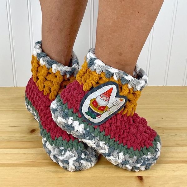 Fuzzy GARDEN GNOMES Slippers - Comfy Chenille Slipper Socks - Gnomie Homie Booties - Get Well Care Package - Neuropathy - CRPS - Foot Pain
