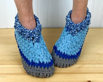 Pretty BLUE & GRAY Fuzzy Slippers - Cozy Chenille Slipper Socks - Hygge House Slippers - Get Well Care Package - Neuropathy/CRPS - Foot Pain