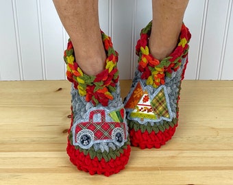 Autumn RED TRUCK Slippers -  Cozy Chenille Slipper Socks - Fuzzy Fall Leaves Trees - Get Well Care Package - Neuropathy - Foot Pain - CRPS