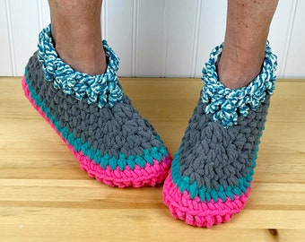 Bright PINK & TEAL Fuzzy Slippers - Cozy Chenille Slipper Socks - Hygge House Slippers - Get Well Care Package - Neuropathy/CRPS - Foot Pain