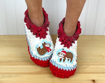 Cute MERRY SLOTHS Slippers - Comfy Chenille Slipper Socks - Cozy Christmas Sloth Booties - Get Well Care Package - Neuropathy/CRPS/Foot Pain