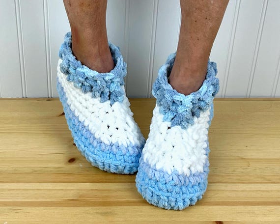 Cozy BLUE WHITE Fuzzy Slippers Comfy Chenille Slipper Socks