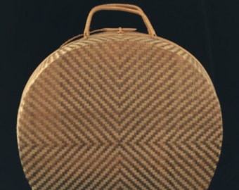 Large Round Vintage Bamboo and Straw Basketweave Purse