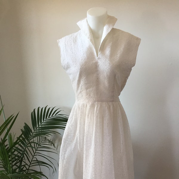 50s White Cotton Eyelet/ Sleeveless/ Dress/ Fully Lined Eyelet Dress/ Nan Scott 50s Dress/