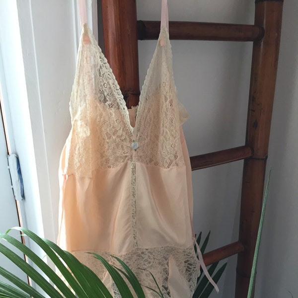Vintage 30s/ Silky, Peach Nylon and Lace/ One-Piece/ Romper/ Teddie/ Unusual and Hard to Find/ Excellent Condition/