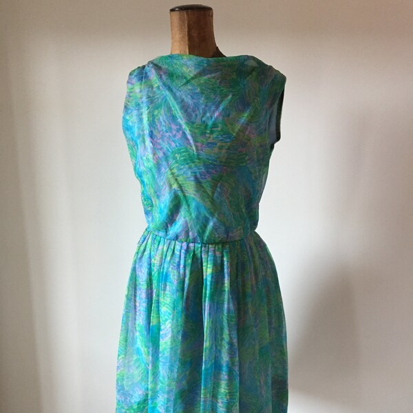 Full Skirt, 50s/60s Chiffon Multicolor Print Sleeveless Dress by L'Aiglon