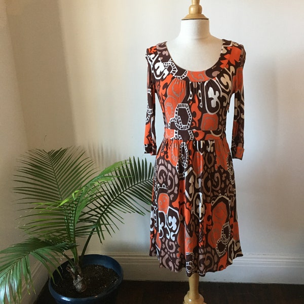 Vintage/ An Original Milly of New York/ Silk/ Dress/ Three-Quarter Sleeves/ Abstract Print/ Brown, Orange, and White/ Size M/ Made in USA