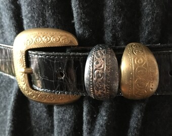 80s Vintage/ Streets Ahead/ Leather/ Belt/ Gold Buckle/ Engraved Silver and Brass Decorations/ Handcrafted in Santa Monica, California