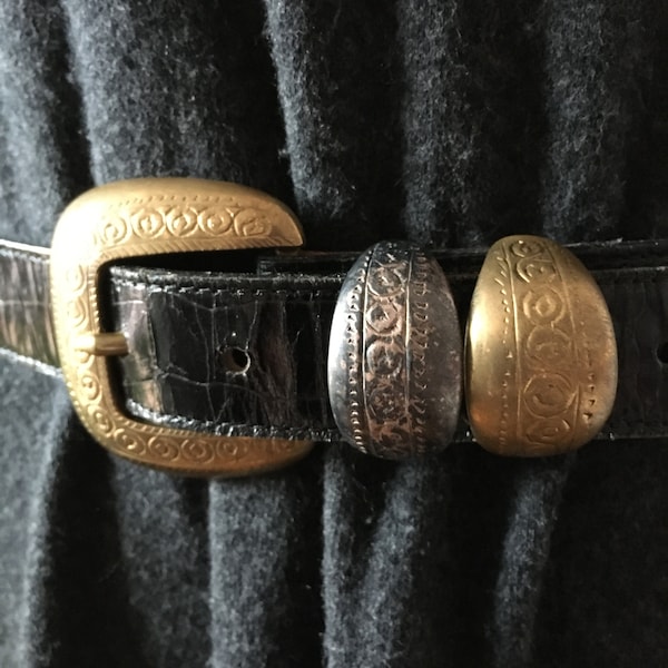 80s Vintage/ Streets Ahead/ Leather/ Belt/ Gold Buckle/ Engraved Silver and Brass Decorations/ Handcrafted in Santa Monica, California