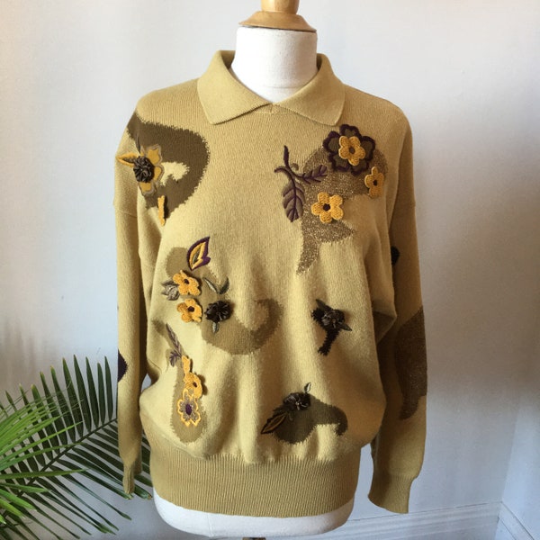 70s Vintage/ Escada/ Margaretha Ley/ Wool Blend/ Long Sleeve/ Floral/ Pullover/ Sweater/ Spread Collar/ Made in W. Germany/ Eur Size 42