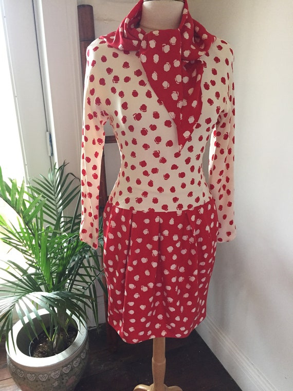 Almost Polka Dots/ Red & White Print/ Silk/ Drop … - image 6