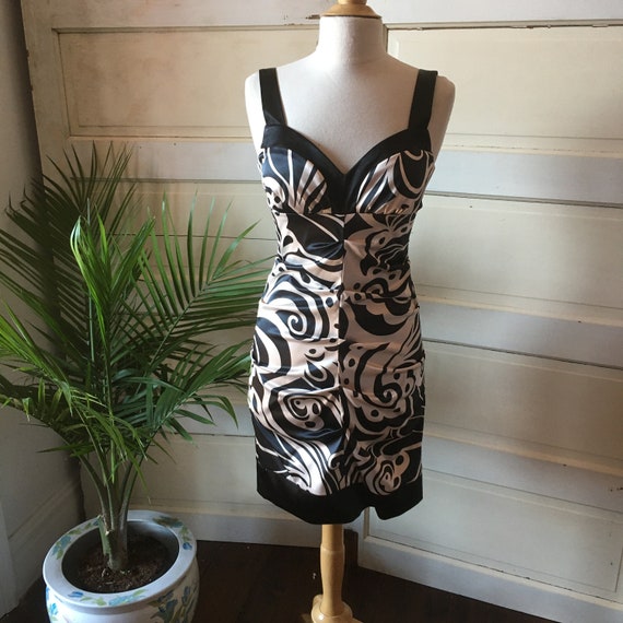70s Vintage/ B. Darlin/ Black and White/ Ruched/ Dress/ Fully