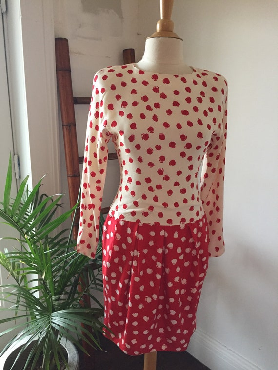 Almost Polka Dots/ Red & White Print/ Silk/ Drop … - image 1