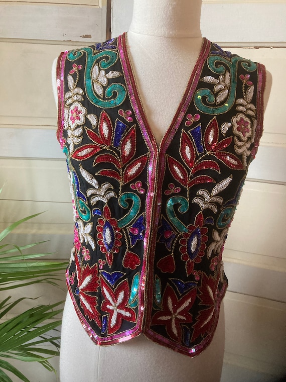 80s Vintage/ Niteline by Della Roufogali/ Bead and Sequin/ Silk Vest/  Floral Design/ Made in India/ Size 8/ Magenta, Hot Pink, Teal Green 