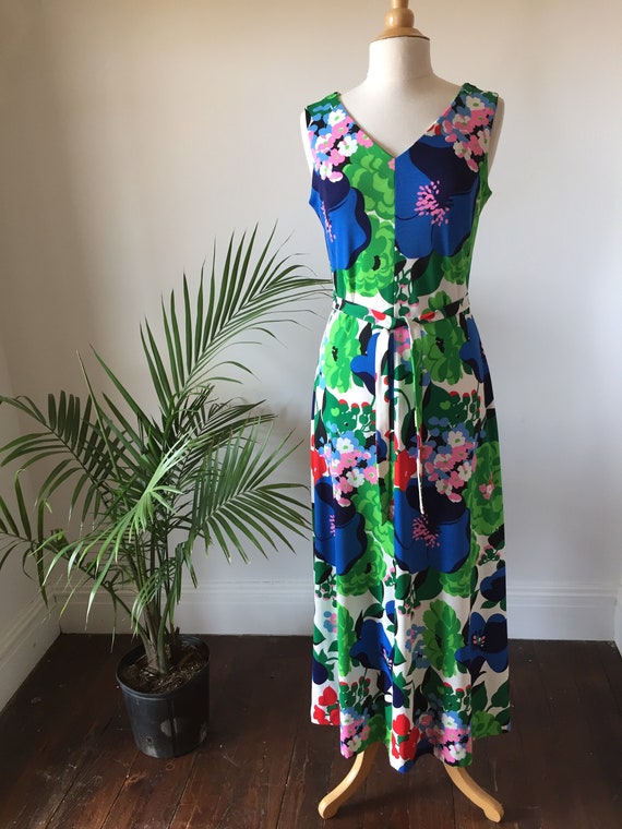 70s Sleeveless, Full-Length, Floral, Knit, Chemise