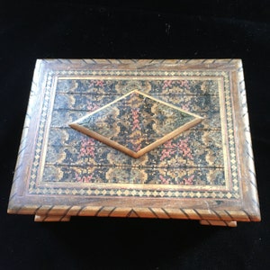 Antique/ Victorian/ Tunbridge Ware/ Jewelry Box/ Trinket Box/ Sewing Box/ Tufted Silk Interior/ With Sliding Lock/ Highly Collectible/ Rare