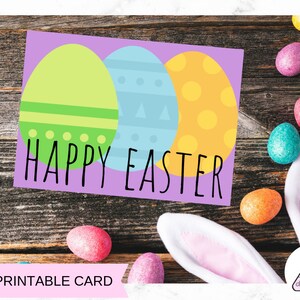 Tarjeta imprimible de huevo teñido de Pascua feliz / Púrpura con huevos verdes, azules y naranjas / Tarjeta de Pascua imprimible, Nota de Pascua, Tarjeta de huevo, Tarjeta en blanco