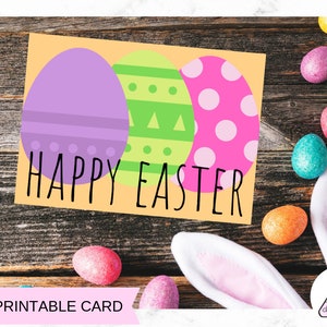 Tarjeta imprimible de huevo teñido de Pascua feliz / naranja con huevos morados, verdes y rosados / tarjeta de Pascua imprimible, nota de Pascua, tarjeta de huevo, tarjeta en blanco