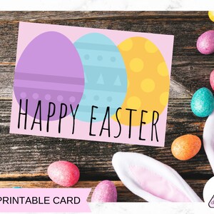Tarjeta imprimible de huevo teñido de Pascua feliz / rosa con huevos morados, azules y naranjas / tarjeta de Pascua imprimible, nota de Pascua, tarjeta de huevo, tarjeta en blanco