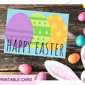 Tarjeta imprimible de huevo teñido de Pascua feliz / azul con huevos morados, verdes y naranjas / tarjeta de Pascua imprimible, nota de Pascua, tarjeta de huevo, tarjeta en blanco