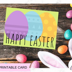 Tarjeta imprimible de huevo teñido de Pascua feliz / verde con huevos morados, azules y naranjas / tarjeta de Pascua imprimible, nota de Pascua, tarjeta de huevo, tarjeta en blanco