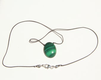 Malachite Necklace on a Silk Chord with Sterling Silver Clasp & Swarovski Crystals