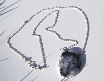 Dendritic Opal Sterling Silver Necklace with Swarovski Crystals