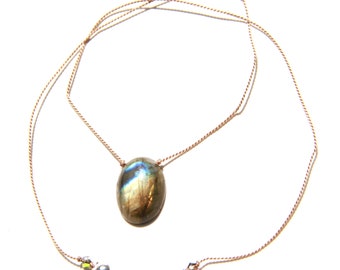 Labradorite Necklace - Silk Chord with Sterling Silver Clasps & Swarovski Crystals