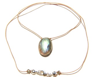 Labradorite Necklace - Silk Chord with Sterling Silver Clasp and Swarovski Crystals