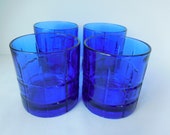 Vintage Cobalt Blue Anchor Hocking Juice Size Tartan Pattern Set of Four