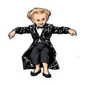 May include: A sticker illustration of a person with curly blonde hair wearing a black tuxedo coat with a white marble-like pattern, a white shirt, a black bowtie, black trousers, and black pointed shoes, posed with arms outstretched to the sides.