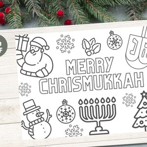 Printable coloring placemat, DIY Chrismukkah dinner decor, instant download kid&#39;s place setting