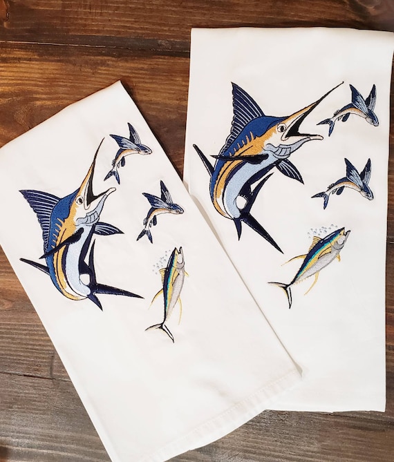Marlin Towels With Tuna and Flying Fish / Embroidery Towels // Fish Towels  // Nautical Towels // Fishing Towels // Boat Towels 