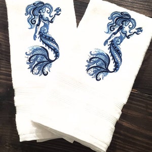 Embroidered Mermaid Towel Set: Nautical Cotton Bath Towels