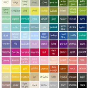 May include: A color chart featuring a grid of 90 rectangular swatches, each labeled with a unique color name such as ivory, navy, red, and black. The grid displays a wide spectrum of hues including greens, blues, purples, pinks, and neutrals.