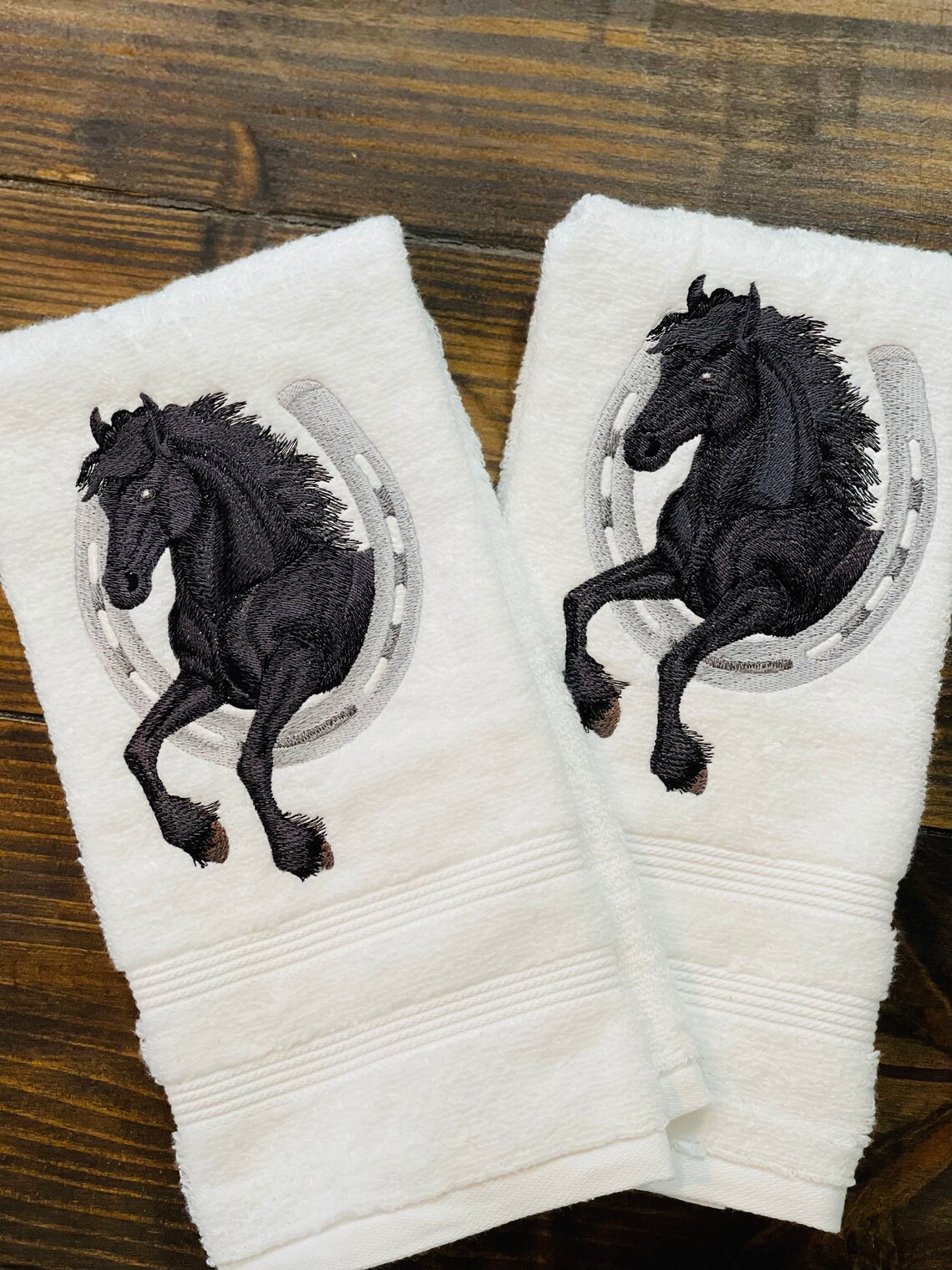 Black Stallion horseshoe towels // horse towels// Etsy