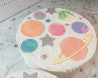 Fondant planets, edible cake decorations, cupcake toppers, 9 piece set, first trip around the sun, outer space