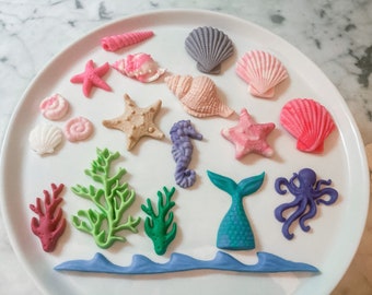 Under the Sea inspired fondant cake toppers- set includes mermaid tail, seashells, starfish, coral, octopus, seahorse, and ocean waves